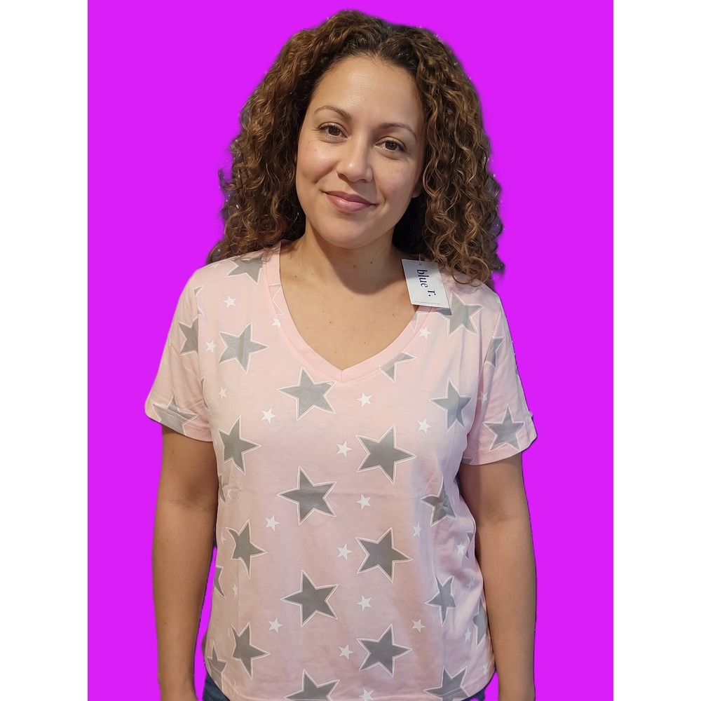 Blue B Collection Pink Star Print V-Neck Short Sleeve Tee Shirt Small NWT
